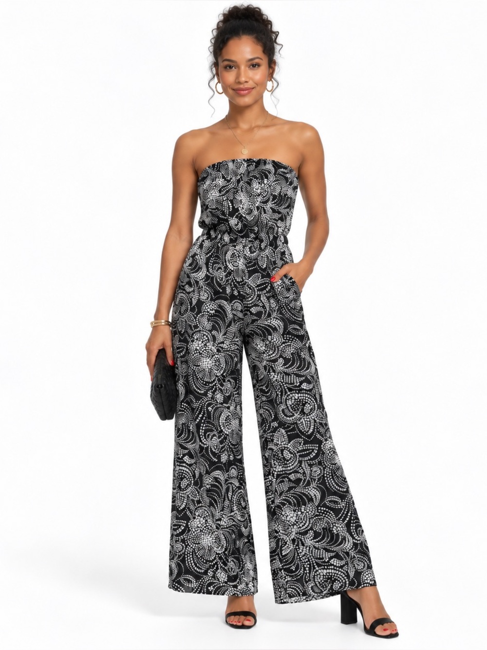 Xhilaration Strapless Black White Floral Wide Leg Jumpsuit Pockets XS